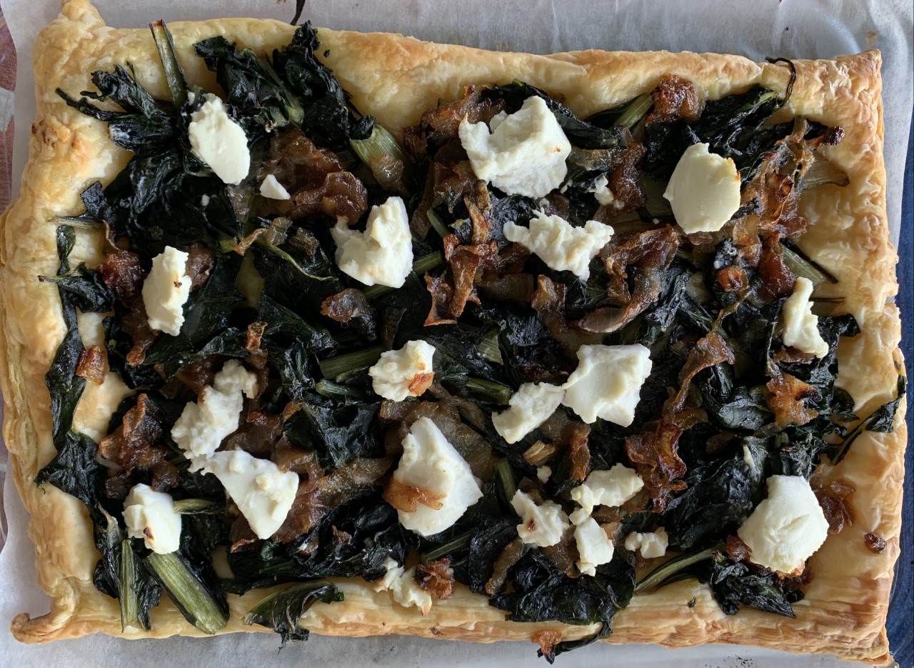 Spinach, goats cheese and caramelized onion tart